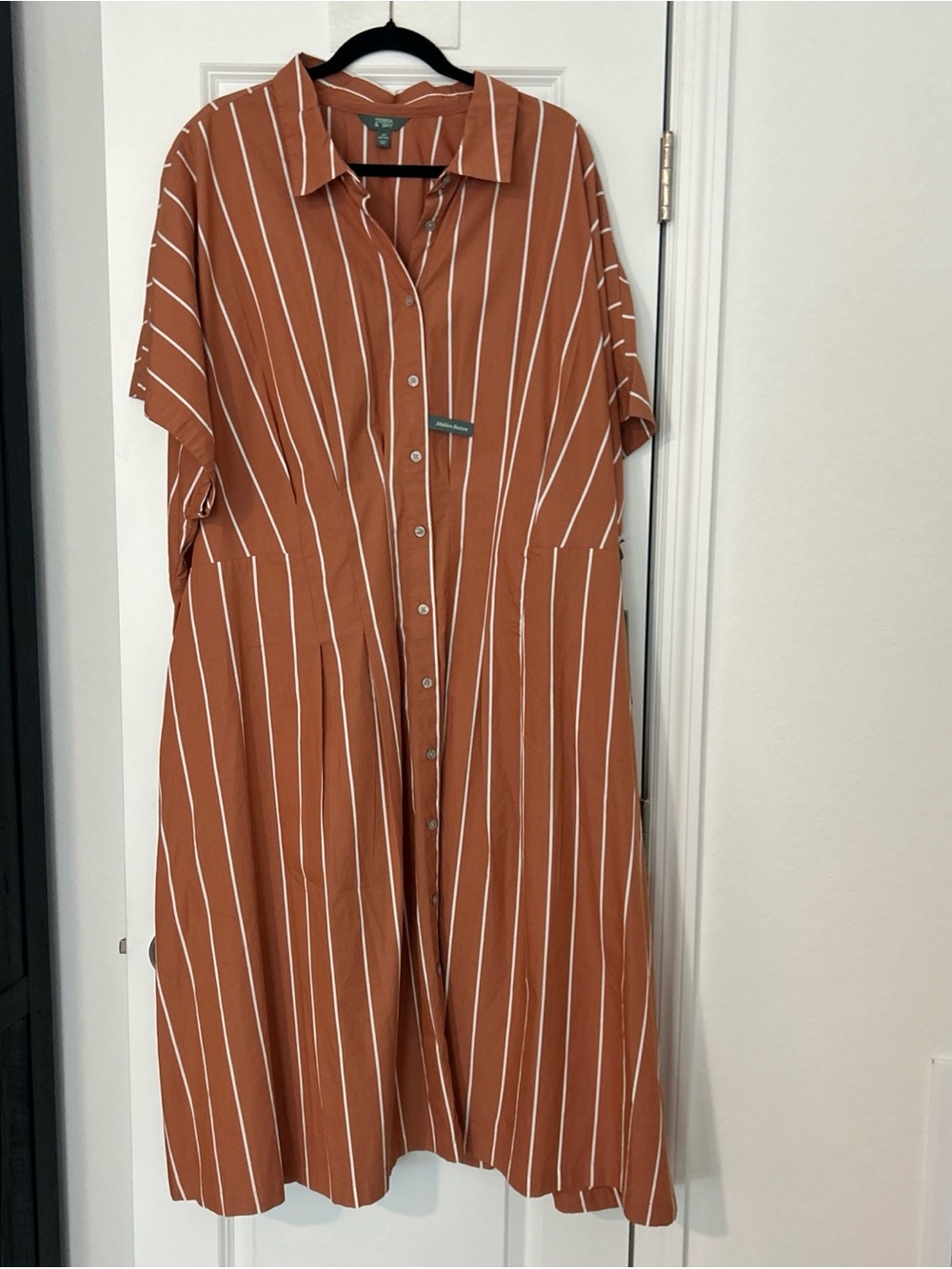 Terra & Sky Midi Fit/Flare Dress- 4X Terracotta Button Down Vertical Stripe- NWT